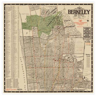Antiguos Maps Land Development Street Map of Berkeley California and Vicinity circa 1912 | Art Print Poster Vintage Wall Decor | 24 x 24 inches (610 x 610 mm)