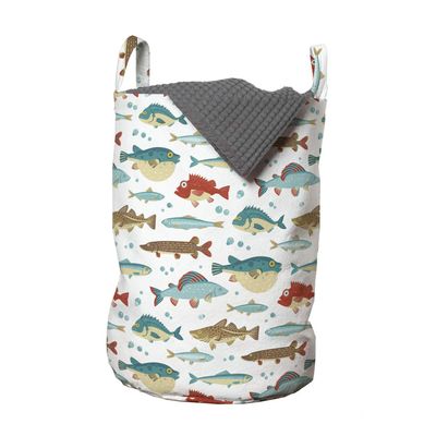 Ambesonne Fish Laundry Bag, Colorful Ocean Fish Cartoon Pufferfish Blowfish Exotic Japanese Cuisine Theme, Hamper Basket with Handles Drawstring Closure for Laundromats, 13" x 19", Aqua Brown