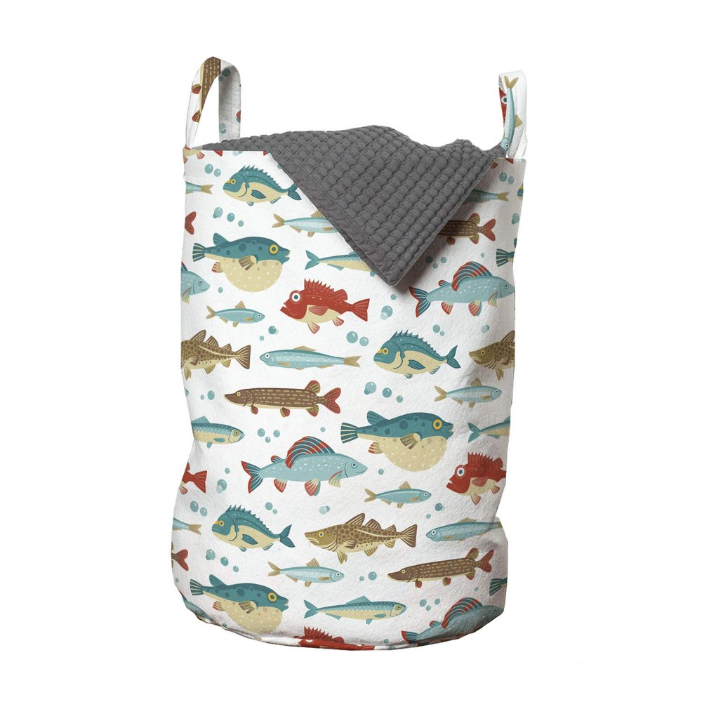Ambesonne Fish Laundry Bag, Colorful Ocean Fish Cartoon Pufferfish Blowfish Exotic Japanese Cuisine Theme, Hamper Basket with Handles Drawstring Closure for Laundromats, 13" x 19", Aqua Brown