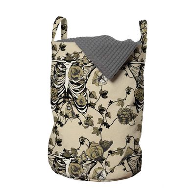 Ambesonne Gothic Laundry Bag, Chest Bones Ribcage Flowers Butterflies Autumn, Hamper Basket with Handles Drawstring Closure for Laundromats, 13" x 19", Mustard Tan
