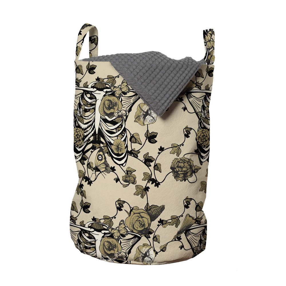 Ambesonne Gothic Laundry Bag, Chest Bones Ribcage Flowers Butterflies Autumn, Hamper Basket with Handles Drawstring Closure for Laundromats, 13" x 19", Mustard Tan