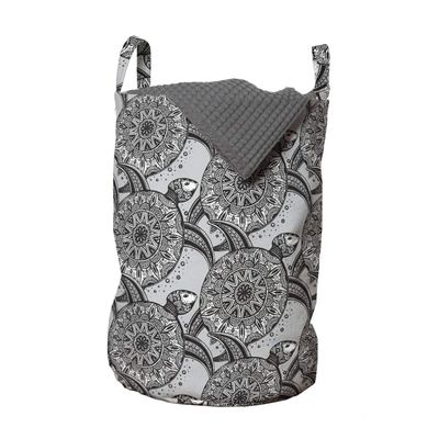 Ambesonne Turtle Laundry Bag, Monochrome Detailed Hand Drawn Oriental Motif Mandala Inspired Shells, Hamper Basket with Handles Drawstring Closure for Laundromats, 13" x 19", Blue Grey