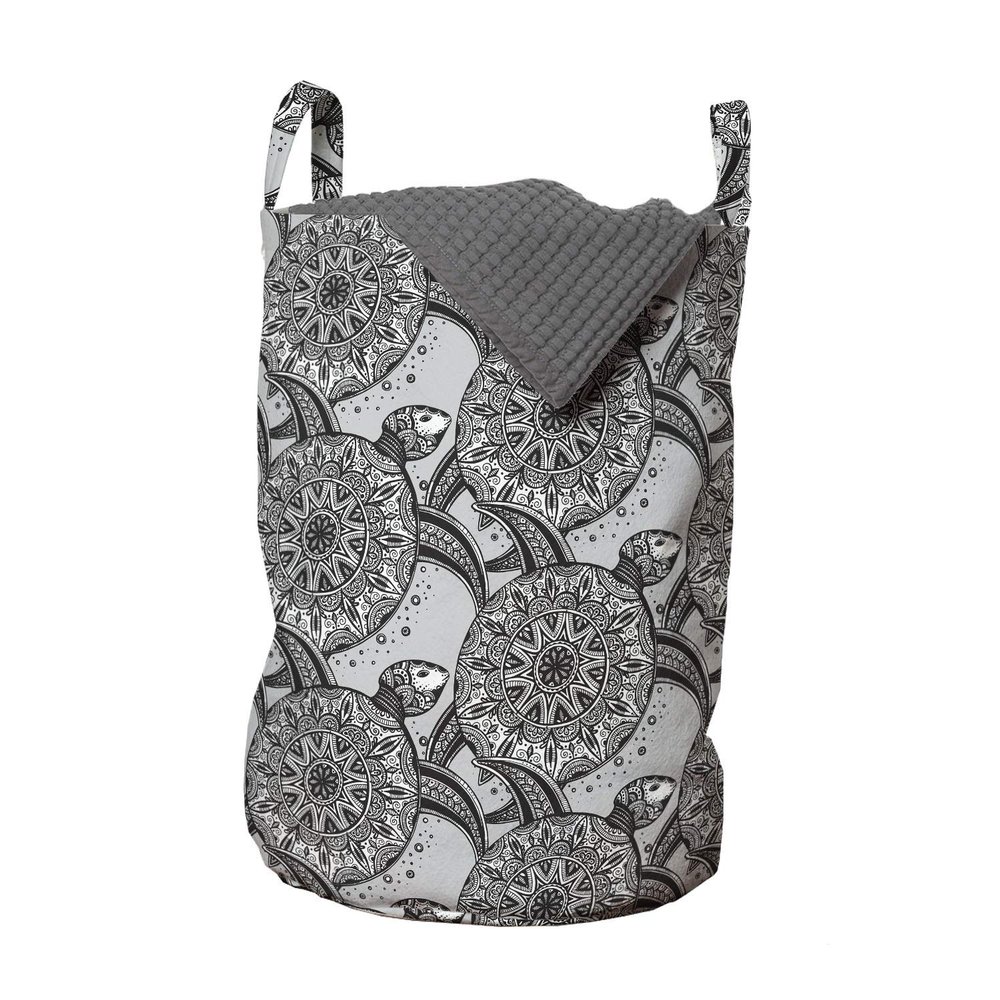 Ambesonne Turtle Laundry Bag, Monochrome Detailed Hand Drawn Oriental Motif Mandala Inspired Shells, Hamper Basket with Handles Drawstring Closure for Laundromats, 13" x 19", Blue Grey