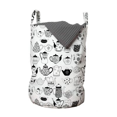 Ambesonne Tea Party Laundry Bag, Floral Patterned Cups with Different Designs Monochrome Timeless Kitchenware, Hamper Basket with Handles Drawstring Closure for Laundromats, 13" x 19", White Black
