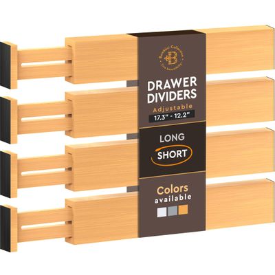 4-Pack Bamboo Drawer Dividers - 2.6 Inches High, Adjustable 12 to 17 Inches Expandable Drawer Organizer Dresser Separator for Clothes, Utensils, Bedroom, Bathroom, Kitchen, Office Storage Organization