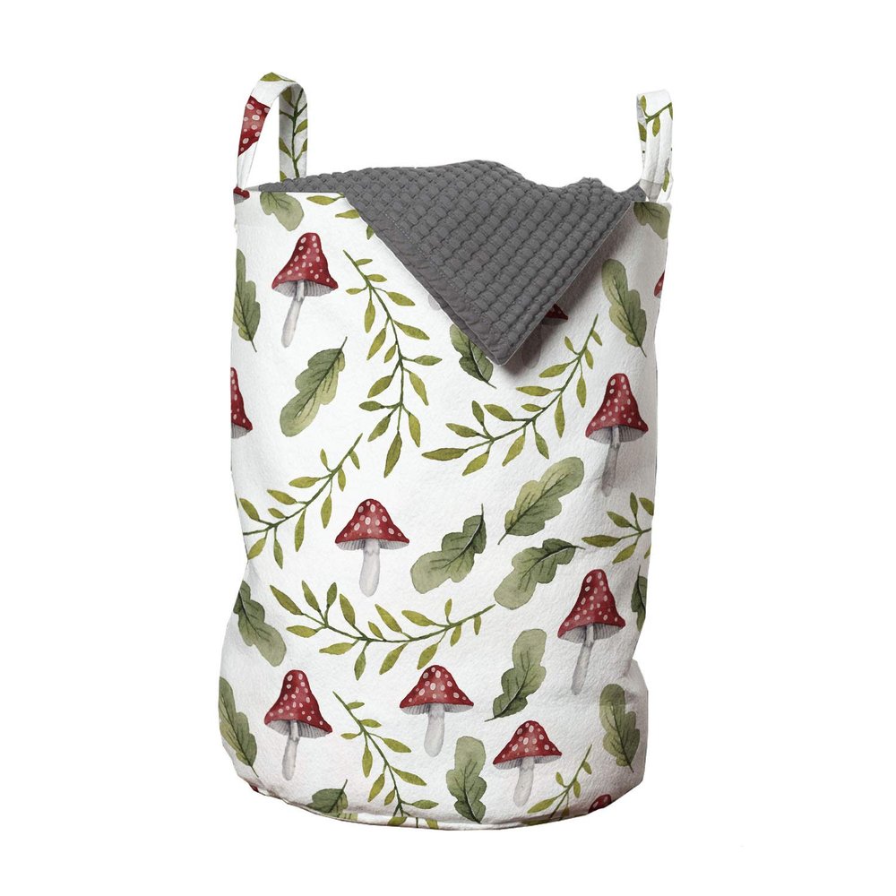 Ambesonne Mushroom Laundry Bag, Watercolor Pattern Green Leaves Forest Elements Botanical Woodland Theme, Hamper Basket with Handles Drawstring Closure for Laundromats, 13" x 19", Green Ruby