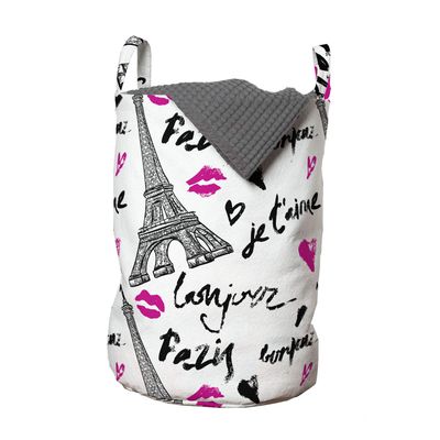 Ambesonne Paris Laundry Bag, Eiffel Tower Lipstick Kiss Heart Shape Words Love Touristic Architecture, Hamper Basket with Handles Drawstring Closure for Laundromats, 13" x 19", grey White