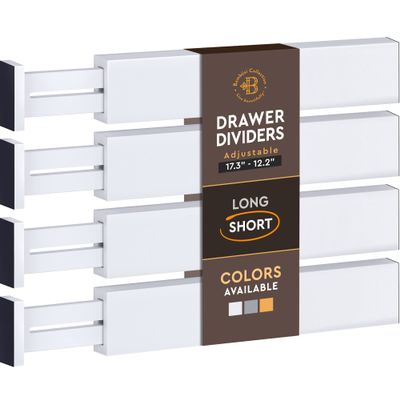 4-Pack Bamboo Drawer Dividers - 12.2 to 17.3 Inches Deep, 2.6 Inches High, Adjustable Expandable Drawer Organizer Dresser Separator for Clothes, Utensils, Kitchen, Bathroom, Office Storage, White