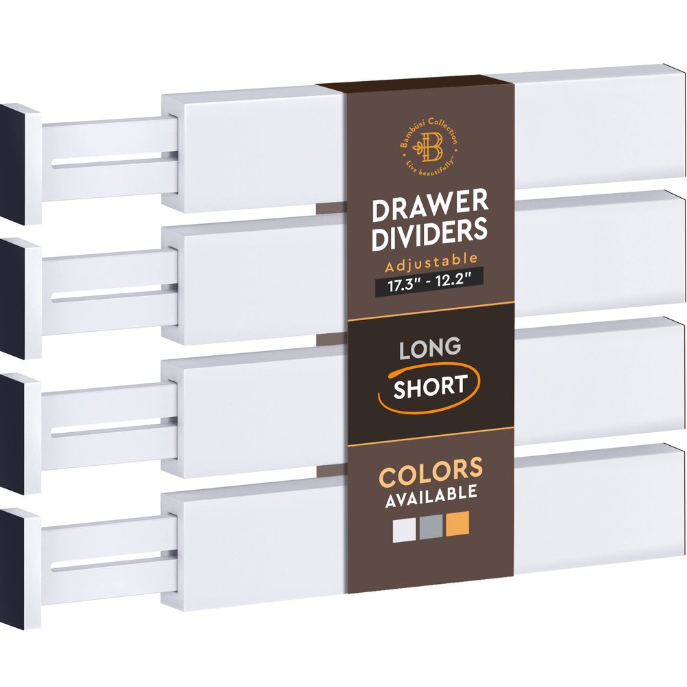 4-Pack Bamboo Drawer Dividers - 12.2 to 17.3 Inches Deep, 2.6 Inches High, Adjustable Expandable Drawer Organizer Dresser Separator for Clothes, Utensils, Kitchen, Bathroom, Office Storage, White