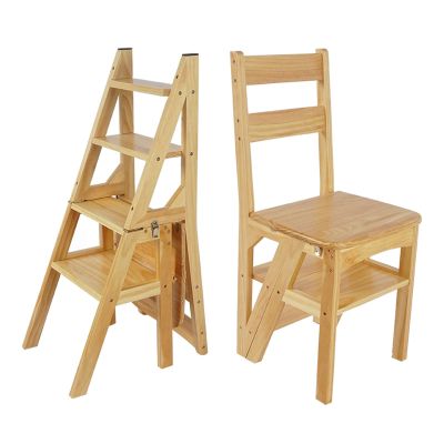 WYF-ZB Steps Folding Ladder and Chair Combination, Natural Solid Wood Safety Climb Step Stool Ladder Chairs Portable Stepladder Chairs for Home/Kitchen/Office/Library
