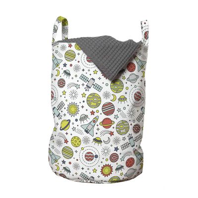 Ambesonne Spaceship Laundry Bag, Colorful Design of Cosmos with Orbiting Moons Doodle Style Rockets and Satellites, Hamper Basket with Handles Drawstring Closure for Laundromats, 13" x 19", Grey White