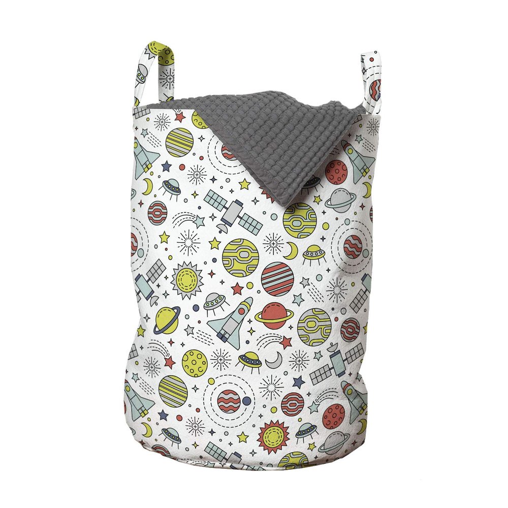Ambesonne Spaceship Laundry Bag, Colorful Design of Cosmos with Orbiting Moons Doodle Style Rockets and Satellites, Hamper Basket with Handles Drawstring Closure for Laundromats, 13" x 19", Grey White