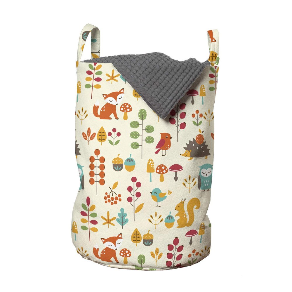 Ambesonne Cartoon Laundry Bag, Autumn Pattern Owl Fox Squirrel Birds Animal Leaves Print, Hamper Basket with Handles Drawstring Closure for Laundromats, 13" x 19", Cream Orange