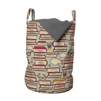 Ambesonne Cartoon Laundry Bag, Stack of Books with Coffee Cups and Eyeglasses Retro Nerdy, Hamper Basket with Handles Drawstring Closure for Laundromats, 13" x 19", Pink Green