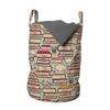 Ambesonne Cartoon Laundry Bag, Stack of Books with Coffee Cups and Eyeglasses Retro Nerdy, Hamper Basket with Handles Drawstring Closure for Laundromats, 13" x 19", Pink Green view 1