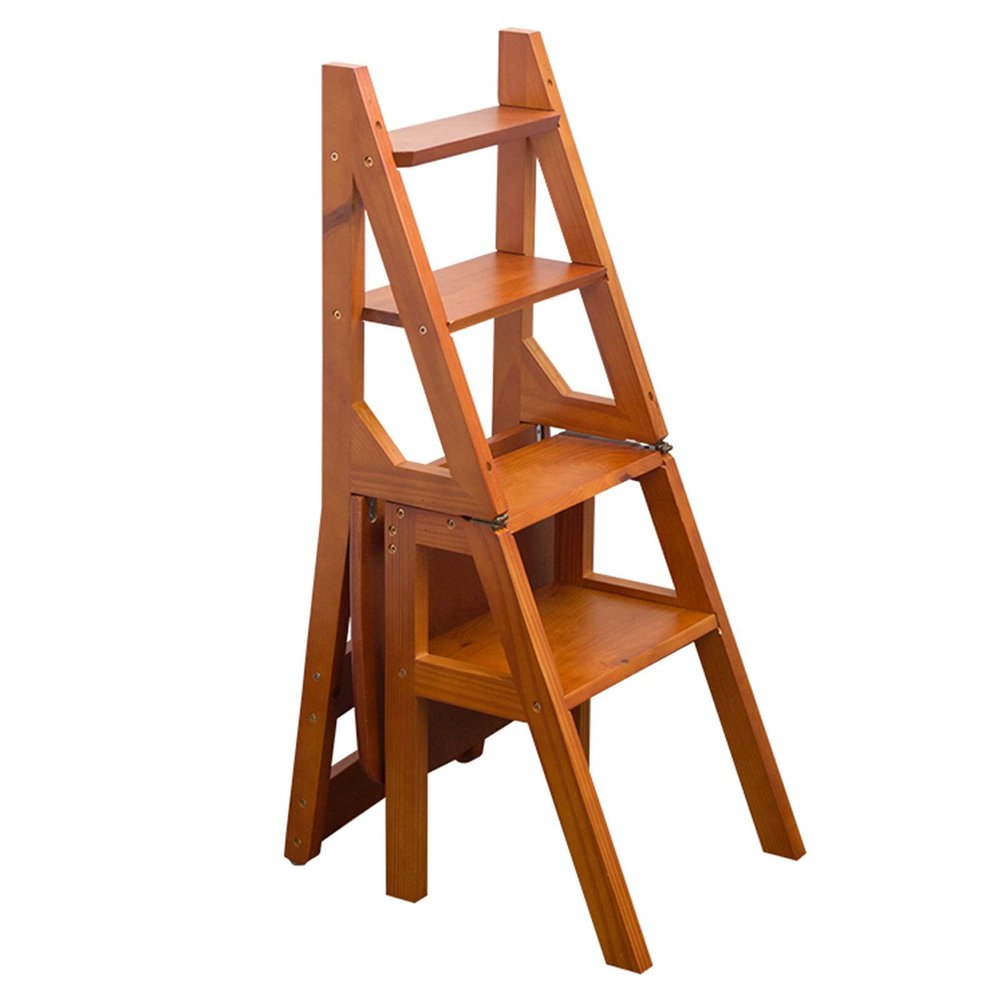 Folding Step Ladder Chair, Wooden Foldable Ladder Stool Bookshelf Multifunction Stepladder Stairway Chair for Kitchen/Office/Library - 200kg Capacity