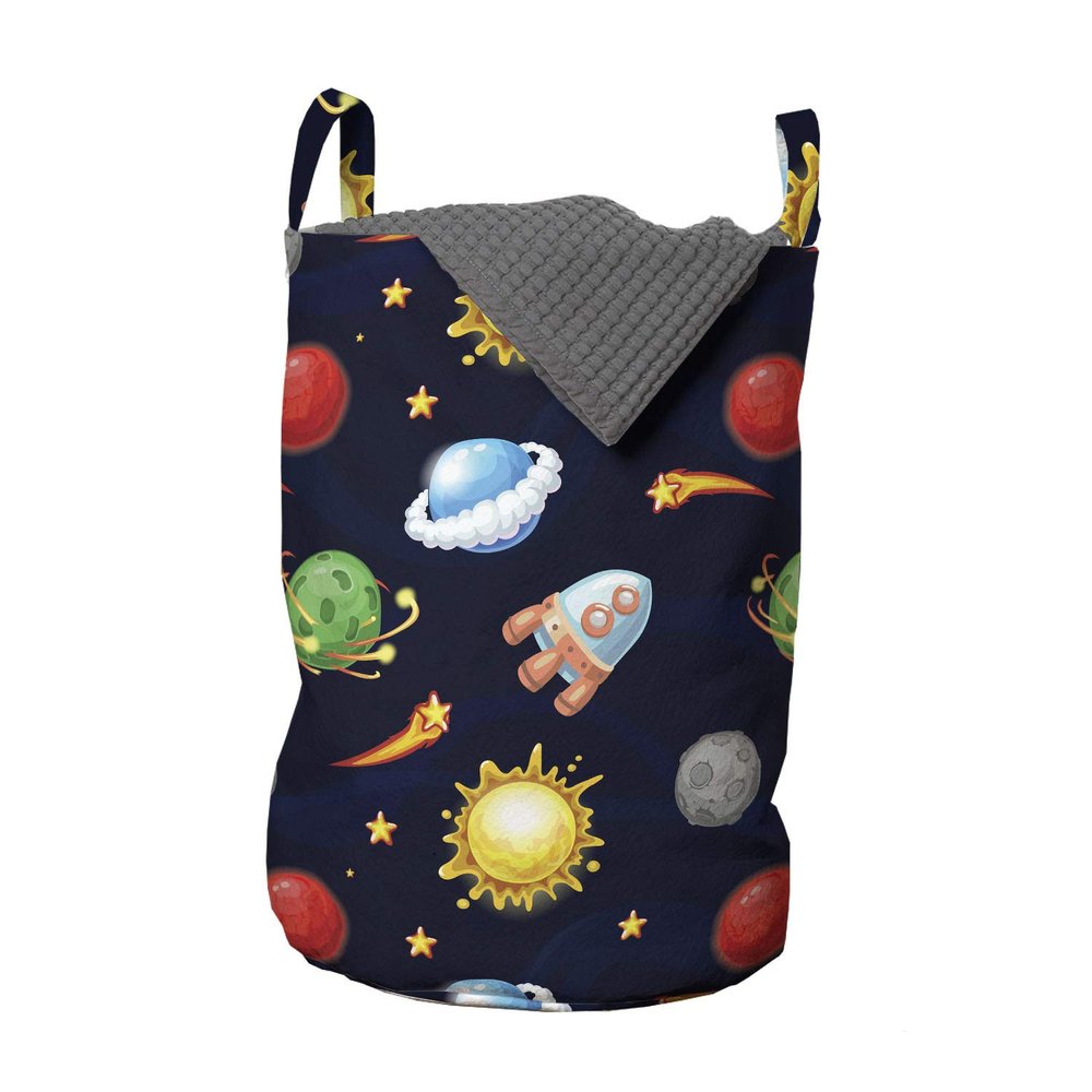 Ambesonne Space Laundry Bag, Cartoon Style Cosmos Themed Illustration Sun with Stars Planets and Space Rocket, Hamper Basket with Handles Drawstring Closure for Laundromats, 13" x 19", Black Burgundy
