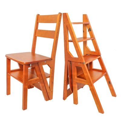 WYF-ZB Wooden Folding Step Ladder Chair Heavy Duty Stepladder and Dinner Chairs Combination, Foldable Step Stool Ladder Chairs for Home Kitchen Library,150kg Capacity