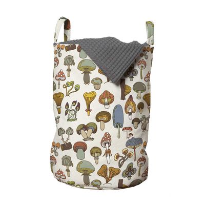 Ambesonne Colorful Laundry Bag, Pattern of Mushrooms with Different Designs in Cartoon Style Fungi Illustration, Hamper Basket with Handles Drawstring Closure for Laundromats, 13" x 19", Brown Beige