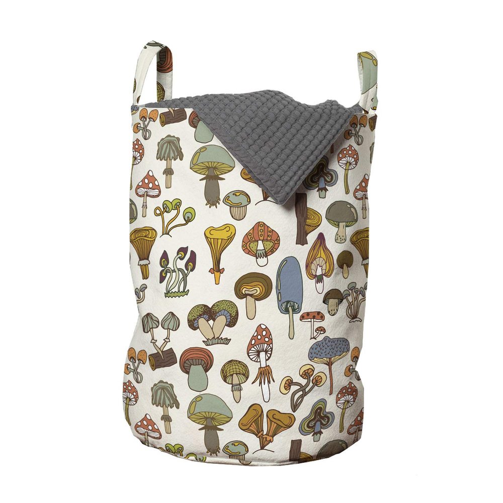 Ambesonne Colorful Laundry Bag, Pattern of Mushrooms with Different Designs in Cartoon Style Fungi Illustration, Hamper Basket with Handles Drawstring Closure for Laundromats, 13" x 19", Brown Beige