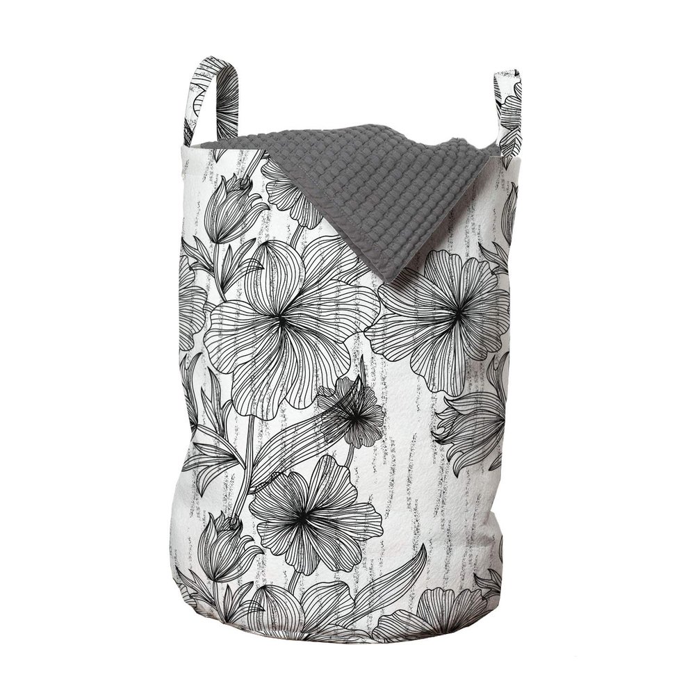 Ambesonne Floral Laundry Bag, Black and White Hand Drawn Line Art Design Wild Spring Flowers Illustration, Hamper Basket with Handles Drawstring Closure for Laundromats, 13" x 19", Black White