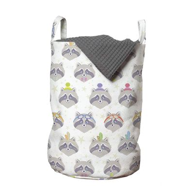 Ambesonne Cartoon Laundry Bag, Funny Raccoon Characters with Glasses Feathers Bowties Pompons, Hamper Basket with Handles Drawstring Closure for Laundromats, 13" x 19", Grey Lilac