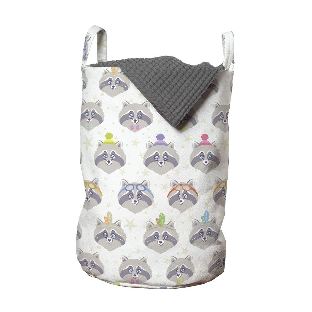 Ambesonne Cartoon Laundry Bag, Funny Raccoon Characters with Glasses Feathers Bowties Pompons, Hamper Basket with Handles Drawstring Closure for Laundromats, 13" x 19", Grey Lilac