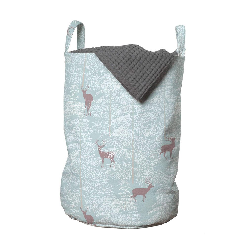 Ambesonne Deer Laundry Bag, Winter Forest Background with Reindeer Abstract Fir Tree Pattern Snowy Nature, Hamper Basket with Handles Drawstring Closure for Laundromats, 13" x 19", Rose Bluegrey