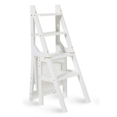 4 Steps Folding Ladder and Chair Combination, Wood Foldable Ladder Chair Fold Up Library Steps Ladder Chair Kitchen Office Use, White