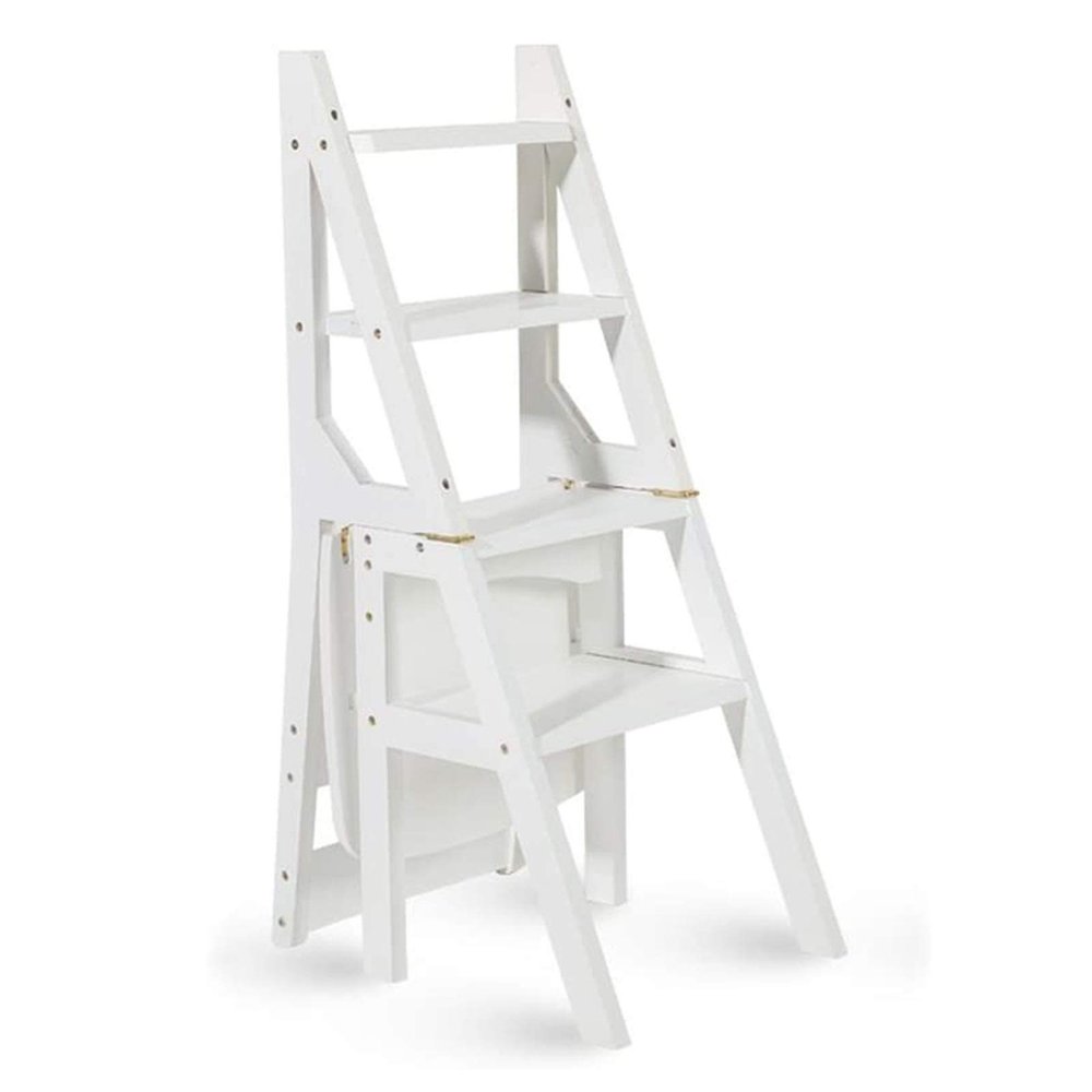 4 Steps Folding Ladder and Chair Combination, Wood Foldable Ladder Chair Fold Up Library Steps Ladder Chair Kitchen Office Use, White