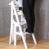 4 Steps Folding Ladder and Chair Combination, Wood Foldable Ladder Chair Fold Up Library Steps Ladder Chair Kitchen Office Use, White view 4