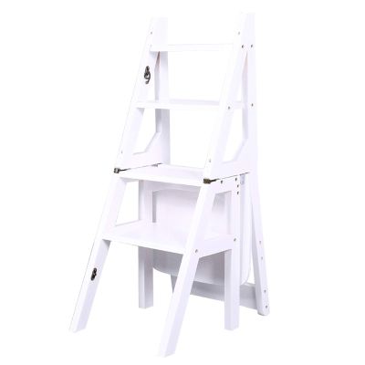 WYF-ZB White Folding Step Ladder Chair - Wooden Foldable 4 Steps Stool Heavy Duty Anti-Slip Stepladder| Bookshelf |Plant Stand |Dinner Chairs for Kitchen and Library