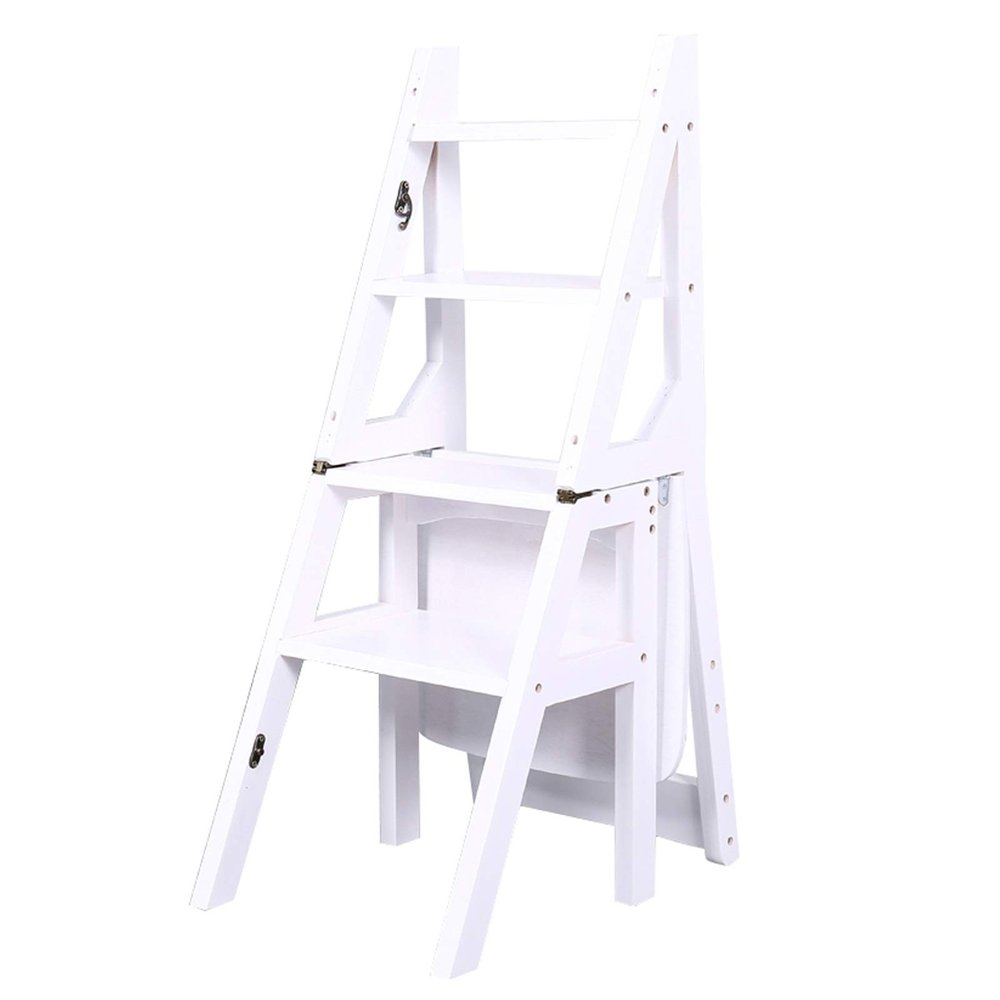 WYF-ZB White Folding Step Ladder Chair - Wooden Foldable 4 Steps Stool Heavy Duty Anti-Slip Stepladder| Bookshelf |Plant Stand |Dinner Chairs for Kitchen and Library