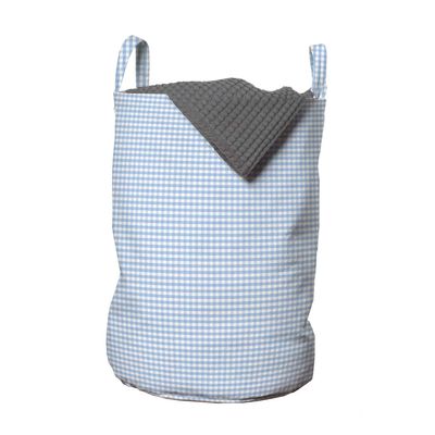 Ambesonne Checkered Laundry Bag, Little Squares and Stripes Pastel Color Gingham Repeating Rows Vintage Tile, Hamper Basket with Handles Drawstring Closure for Laundromats, 13" x 19", Light Blue