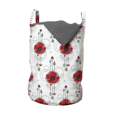 Ambesonne Tattoo Laundry Bag, Red Poppy Flowers with Geometric Details Arrows and Circles Watercolor Boho Fashion, Hamper Basket with Handles Drawstring Closure for Laundromats, 13" x 19", Red Teal