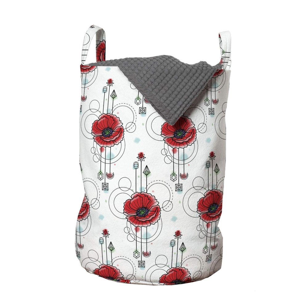 Ambesonne Tattoo Laundry Bag, Red Poppy Flowers with Geometric Details Arrows and Circles Watercolor Boho Fashion, Hamper Basket with Handles Drawstring Closure for Laundromats, 13" x 19", Red Teal