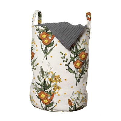 Ambesonne Hawaii Laundry Bag, Vintage Tropic Flower Leaves California Poppy, Hamper Basket with Handles Drawstring Closure for Laundromats, 13" x 19", Orange Champagne