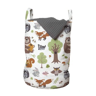 Ambesonne Forest Laundry Bag, Doodle Woodland Creatures as Honey Bear Rabbit Fox and Raccoon in Nature Habitat, Hamper Basket with Handles Drawstring Closure for Laundromats, 13" x 19", Brown Green