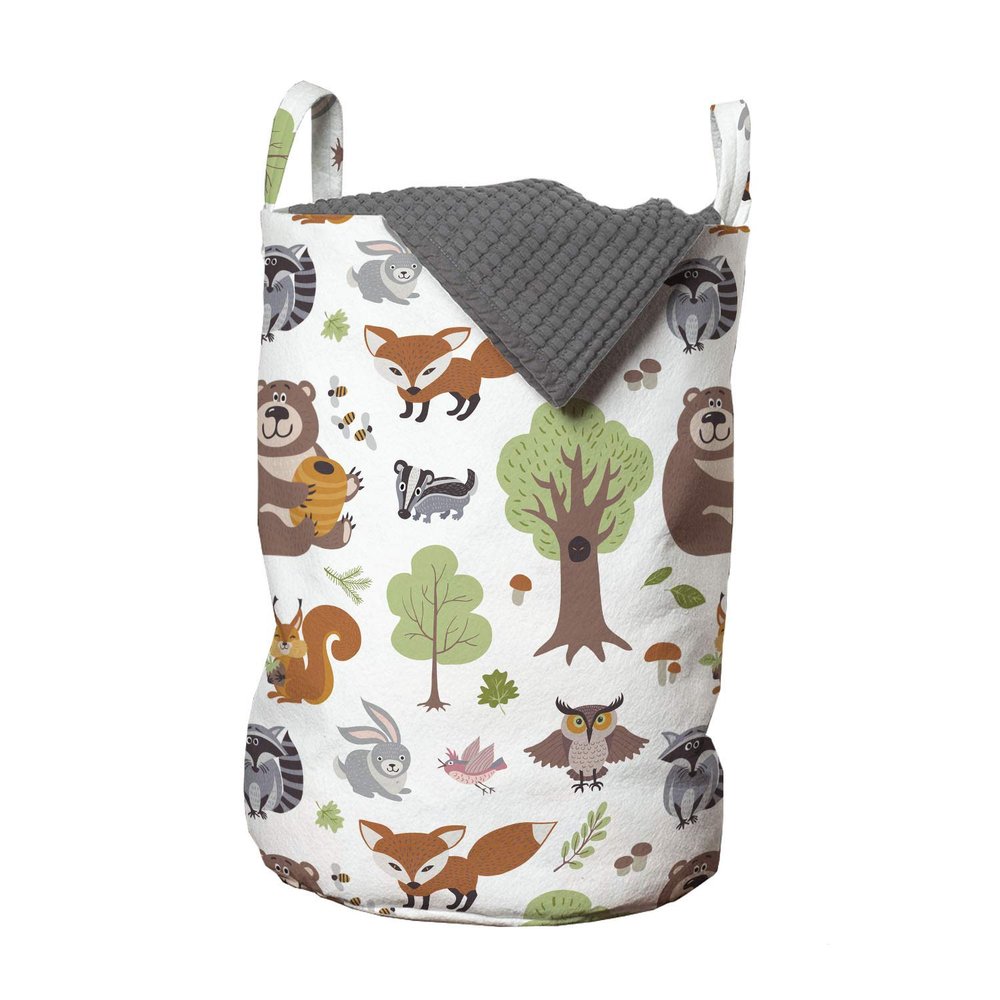 Ambesonne Forest Laundry Bag, Doodle Woodland Creatures as Honey Bear Rabbit Fox and Raccoon in Nature Habitat, Hamper Basket with Handles Drawstring Closure for Laundromats, 13" x 19", Brown Green