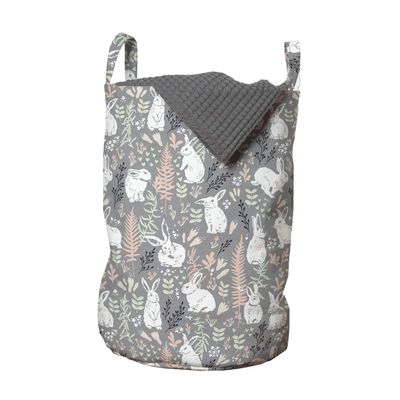 Ambesonne Bunny Laundry Bag, Nature Inspired Pattern Drawn by Hand with White Hares Hearts and Floral Elements, Hamper Basket with Handles Drawstring Closure for Laundromats, 13" x 19", Multicolor