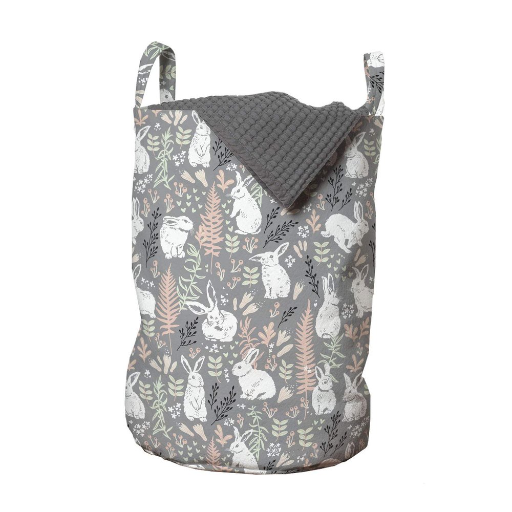 Ambesonne Bunny Laundry Bag, Nature Inspired Pattern Drawn by Hand with White Hares Hearts and Floral Elements, Hamper Basket with Handles Drawstring Closure for Laundromats, 13" x 19", Multicolor