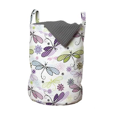 Ambesonne Dragonfly Laundry Bag, Abstract Bugs Hippie Style Sketchy Flowers Art, Hamper Basket with Handles Drawstring Closure for Laundromats, 13" x 19", Blue Purple