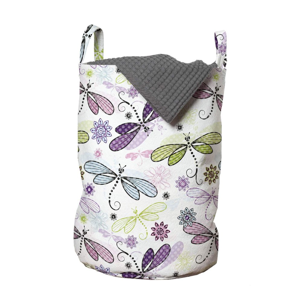Ambesonne Dragonfly Laundry Bag, Abstract Bugs Hippie Style Sketchy Flowers Art, Hamper Basket with Handles Drawstring Closure for Laundromats, 13" x 19", Blue Purple