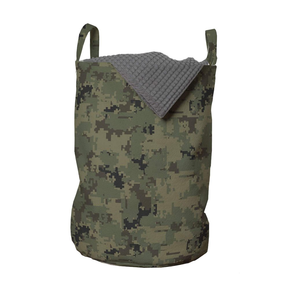 Ambesonne Camouflage Laundry Bag, Digital Pixel Design Repeating Camo Pattern, Hamper Basket with Handles Drawstring Closure for Laundromats, 13" x 19", Green