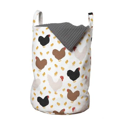 Ambesonne Hen and Chicks Laundry Bag, Farm Themed Continuous Pattern with Cartoon Domestic Birds and, Hamper Basket with Handles Drawstring Closure for Laundromats, 13" x 19", Black Brown