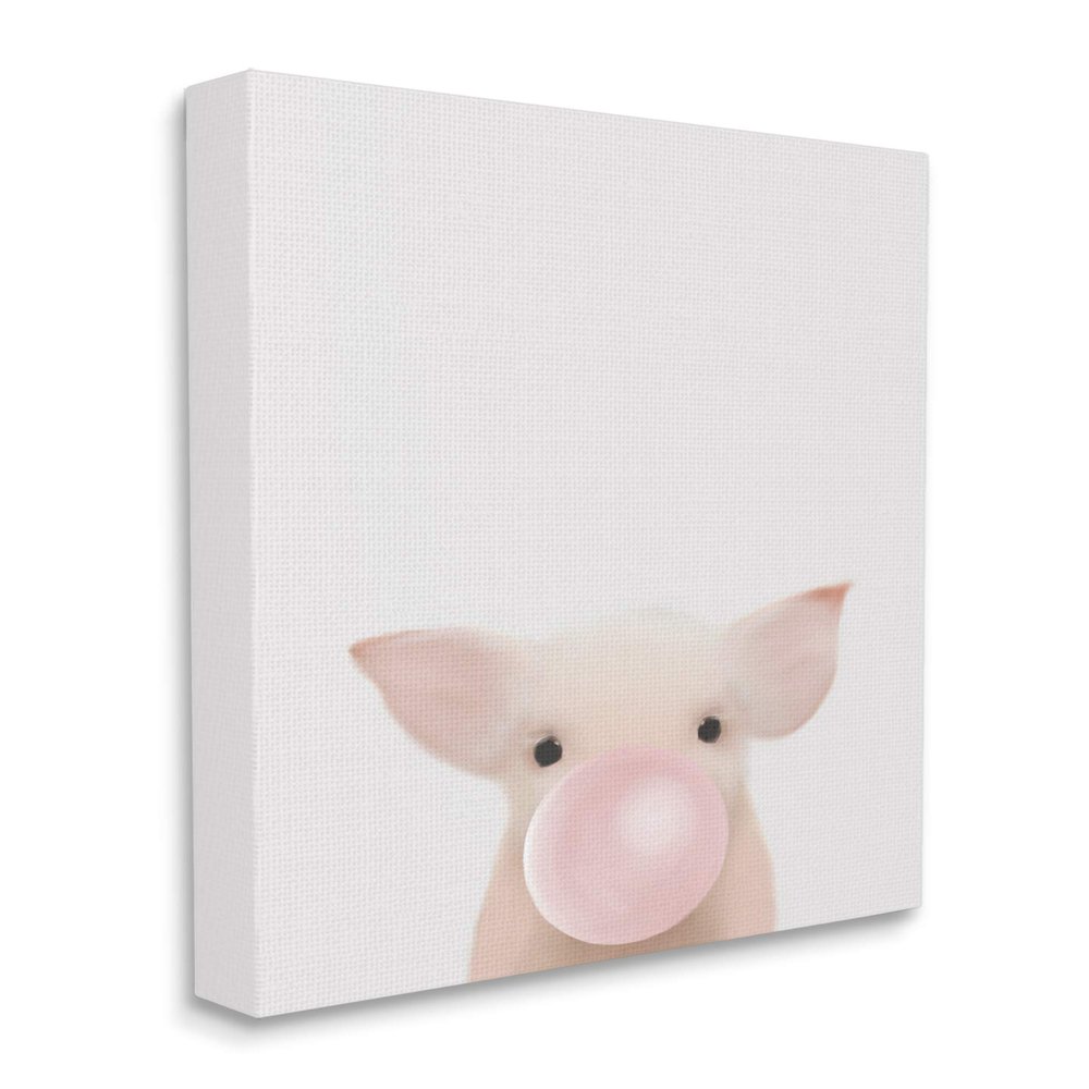 Stupell Industries Baby Farm Piglet with Pink Bubble Gum, Design by Leah Straatsma Canvas Wall Art, 24 x 30, Grey