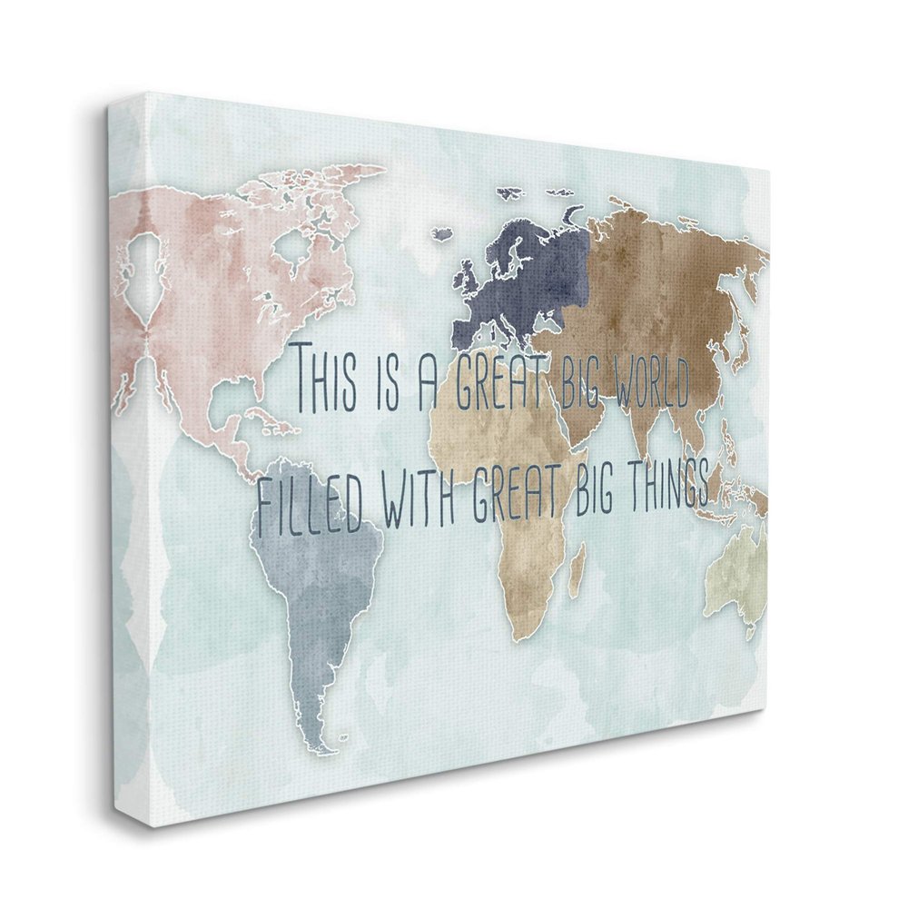 Stupell Industries This is a Big World Phrase Map of Continents, Design by Ziwei Li Canvas Wall Art, 16 x 20, Blue