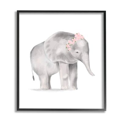 Floral Crown Baby Elephant Soft Pink Grey Illustration