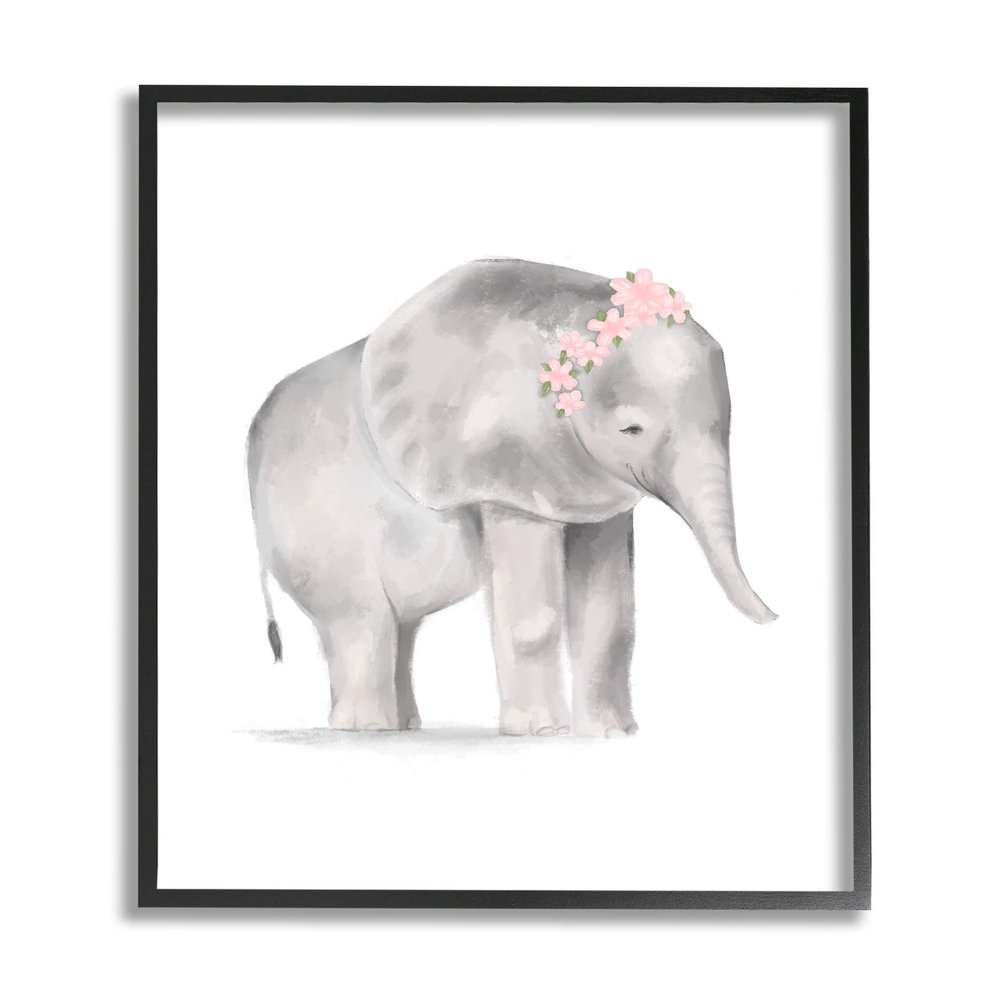Floral Crown Baby Elephant Soft Pink Grey Illustration