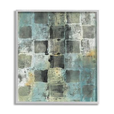Stupell Industries Checker Block Pattern Abstraction Over Blue Green, Design by Joyce Combs Grey Framed Wall Art, 16 x 20